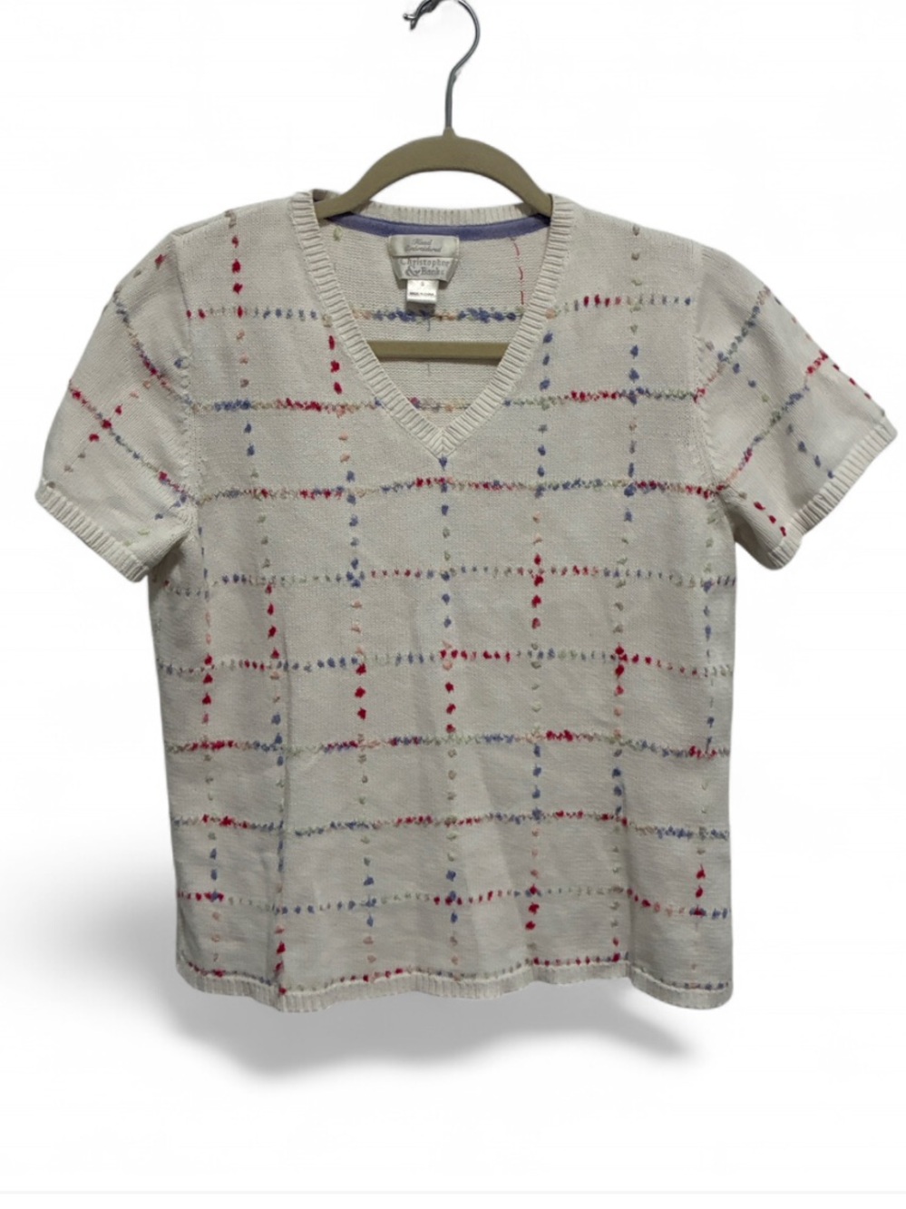 Y2K Christopher & Banks Cream V-Neck Short Sleeve Knit Top with Multicolor Grid